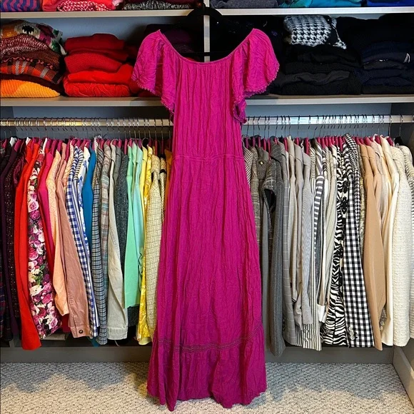 Time and Tru fuchsia off the shoulder elastic waistband hi low maxi dress size S - Picture 3 of 3